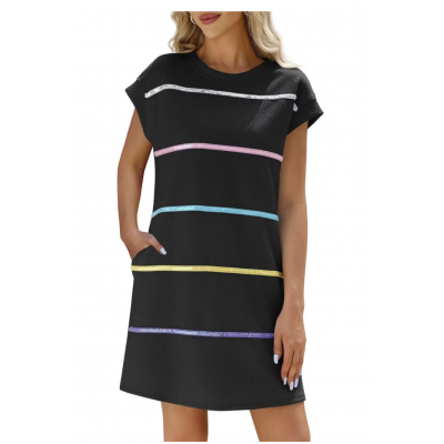 Sequin Dress - Black with Colourful Sequin Stripes (Size Large)